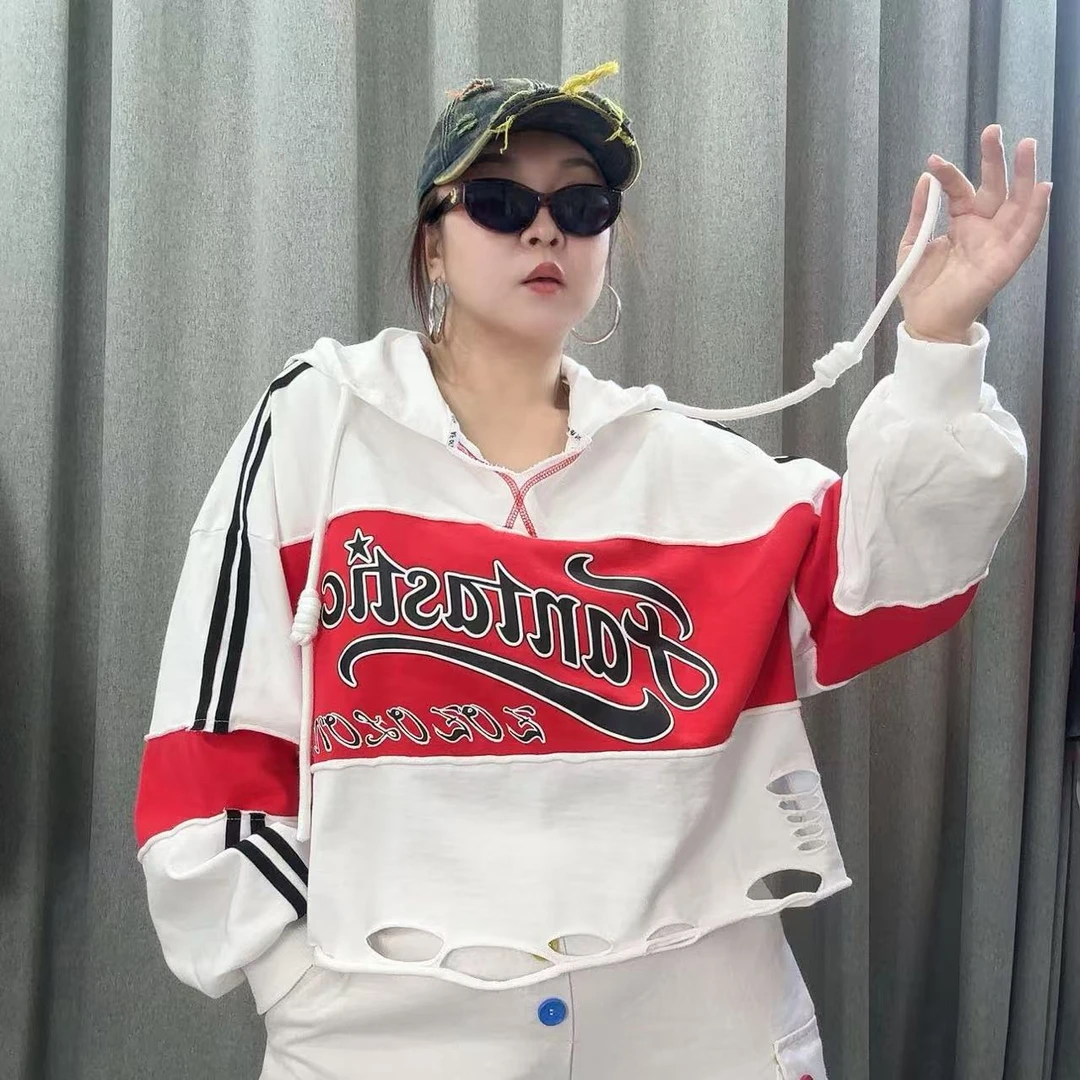 6528春季新款欧货时尚气质潮流个性拼接拼色印花字母连帽卫衣