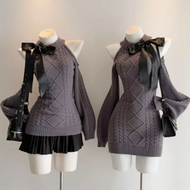 古早感长袖复古包臀裙露肩毛衣秋冬季灯笼袖千金感收腰针织连衣裙