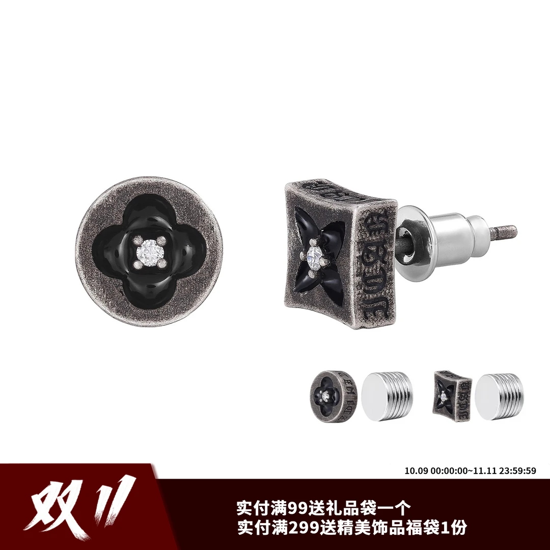 ICEGANG 925银莫桑石耳饰 珐琅刻雕四叶花耳钉S925通体纯银莫桑石