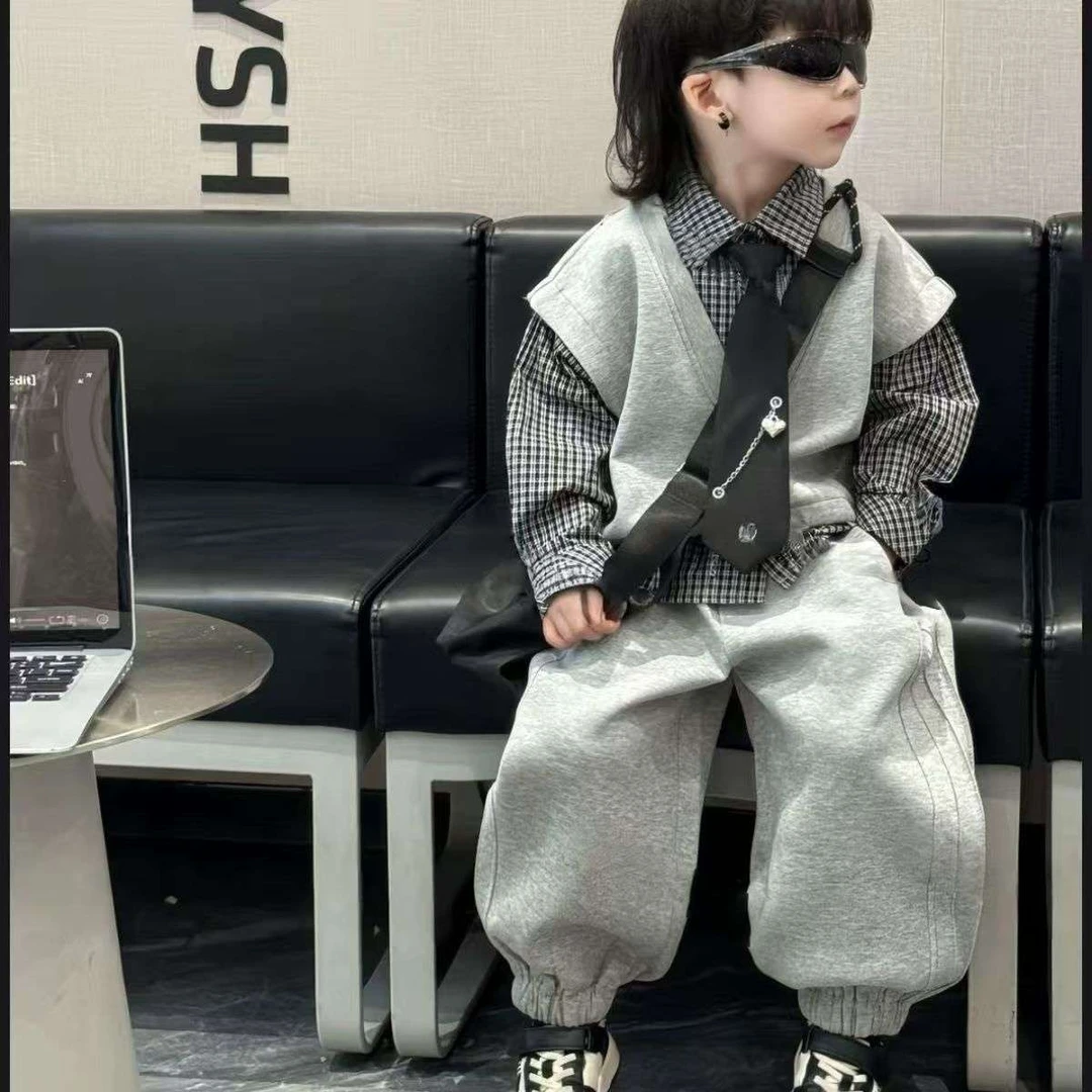 2025秋装男童格子衬衫马甲套装潮酷两件套洋气束脚