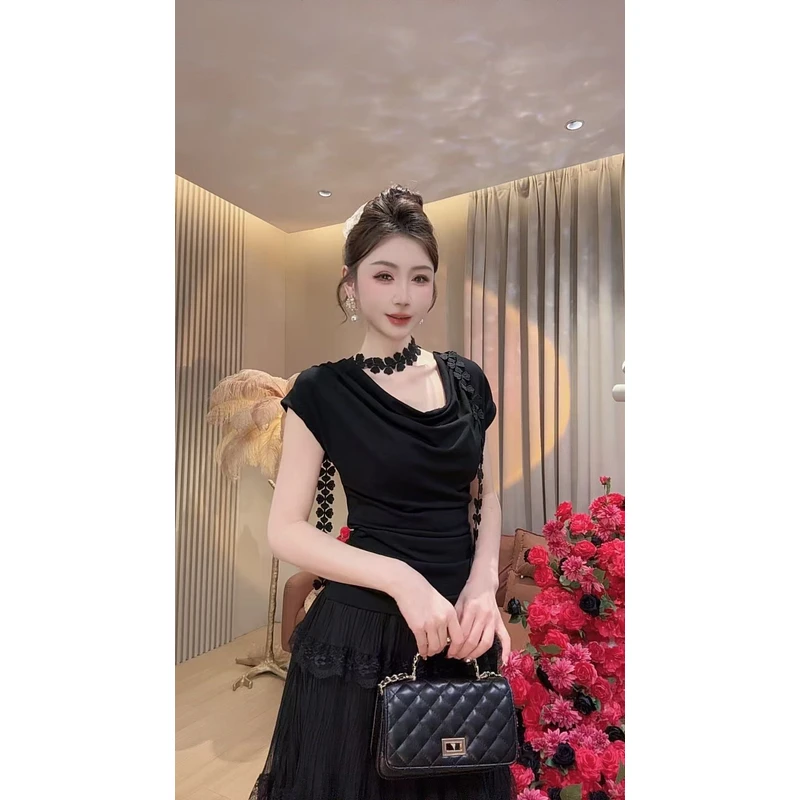 【美美专享】20037春夏新款法式优雅气质荡领飘带短袖T恤上衣女