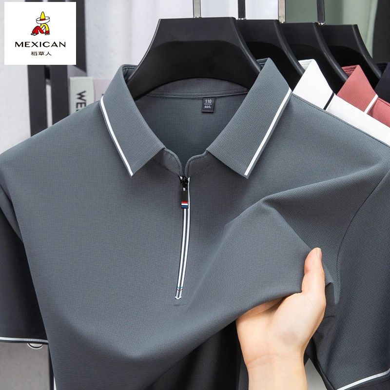 男薄款半袖宽松型拉链休闲夏季Polo衫短袖男t恤