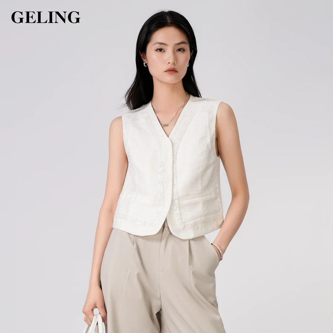 GELING/歌&玲气质白色短款时尚百搭提花珠带休闲小马甲G512M89