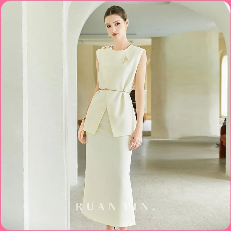 RUAN YIN夏季无袖绿色西装正装女职业套装气质轻熟风高级感播音主