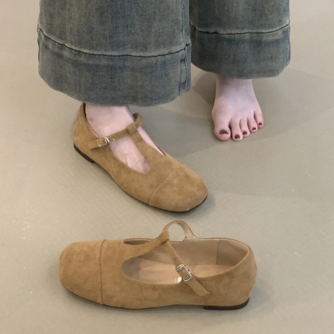 复古T型带玛丽珍鞋2025年秋冬绒面软底方头气质平底单鞋女