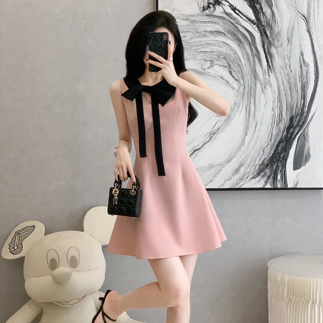 蝴蝶结粉色连衣裙女夏季法式甜美初恋裙小个子修身收腰无袖背心裙