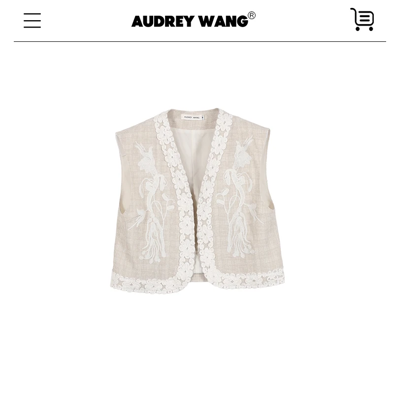 AUDREYWANG波嘻风重磅简约麻灰格绣花马甲12121