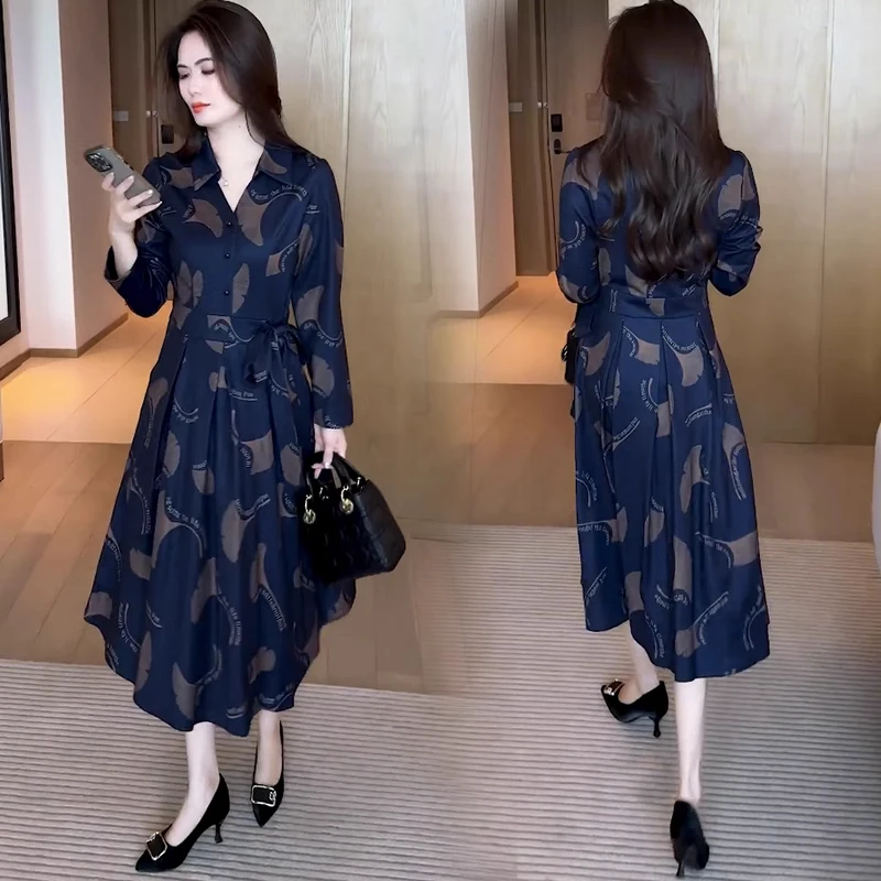 连长袖衣裙女2025春秋新款时尚洋气质显瘦收腰修身中长款印花裙子