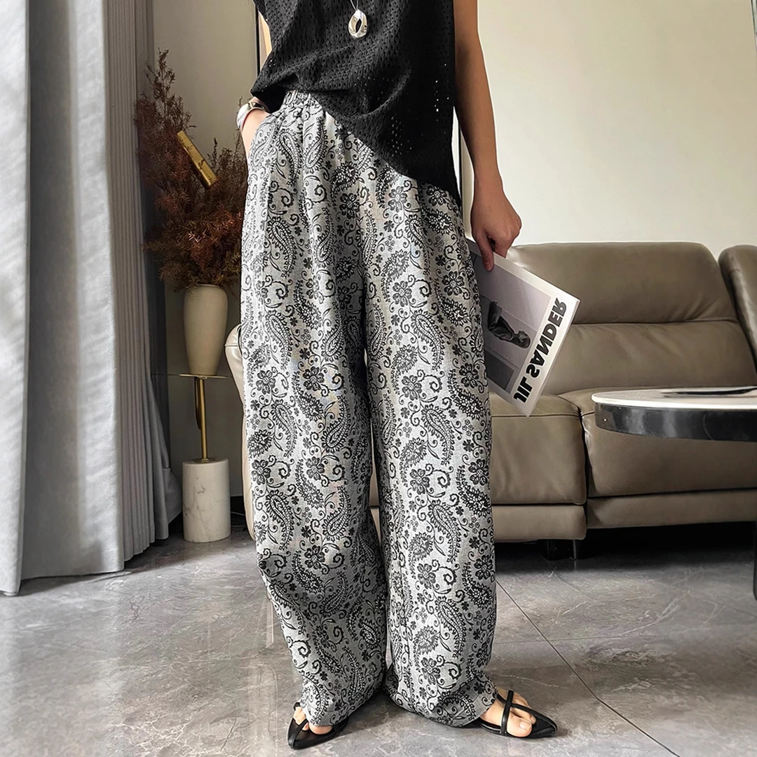 欧货灰色腰果花阔腿裤女大码夏季薄款大码梨形身材提花休闲直筒裤