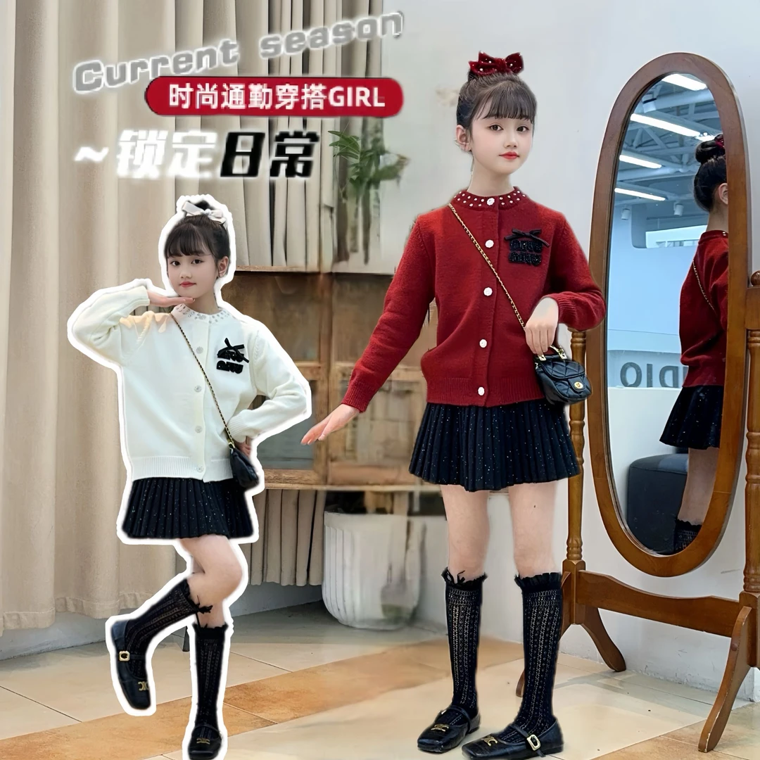 女童红色蝴蝶结针织毛衣秋冬韩版儿童时尚小香风上衣中大童毛衣潮