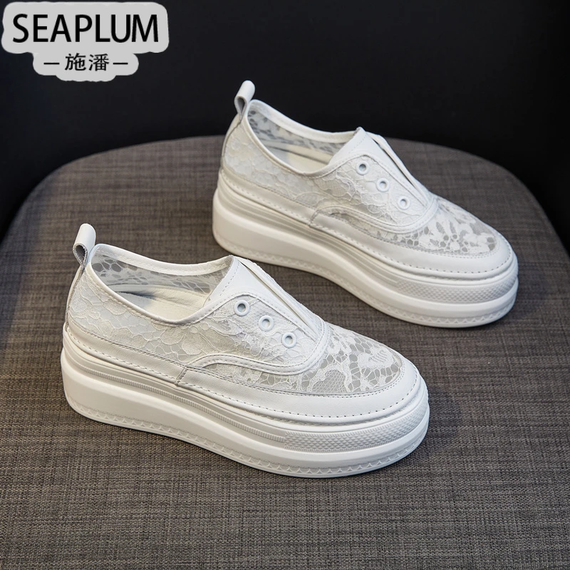 SEAPLUM厚底小白鞋女夏天透气运动百搭春夏网纱渔夫鞋一脚蹬女鞋
