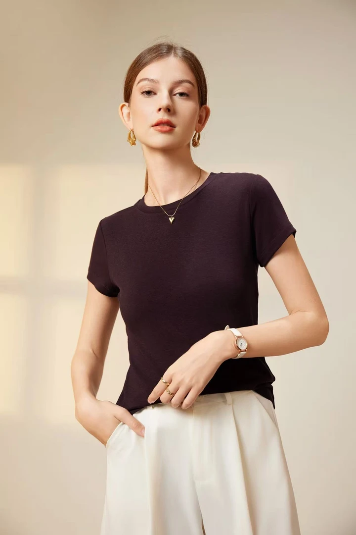 QIANRH-1237莱赛尔醋酸羊毛新款圆领纯色百搭修身显瘦款针织短袖