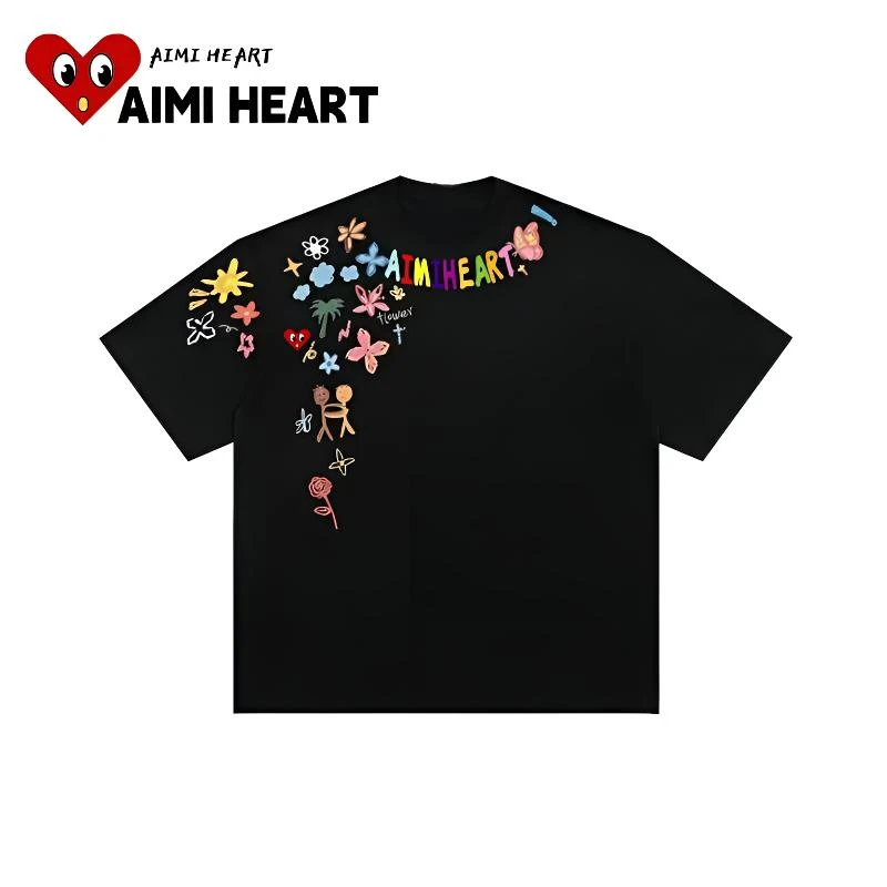 爱米桃心【品牌正品】重磅纯棉印花短袖衣服T恤短袖宽松夏男生