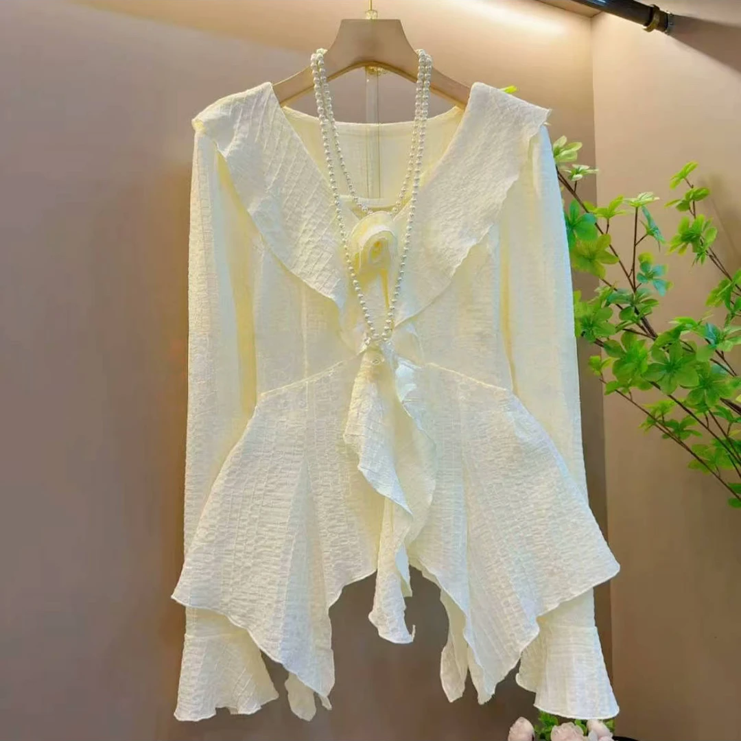 新款V领法式不规则下摆洋气玫瑰花百搭上衣(长62左右)