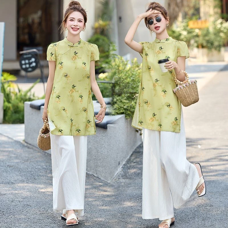 哥弟阿玛施正品新中式禅意阔腿裤套装女2025夏季新款国风盘扣立领