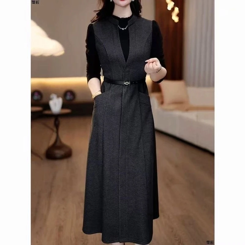 【衣雅严选】8121-1390新款气质显瘦显高高定软磨毛假两件连衣裙