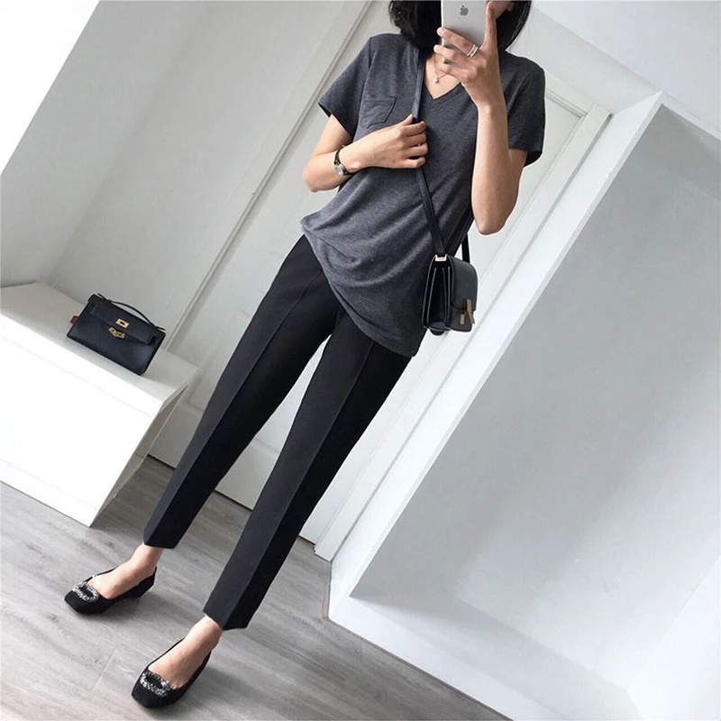 黑色西装烟管裤女2025秋季新款高腰法棍裤小个子八九分休闲裤