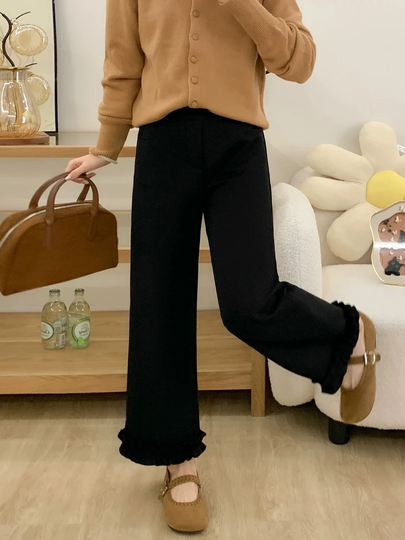 2026新款老钱风木耳边加绒加厚百搭黑裤