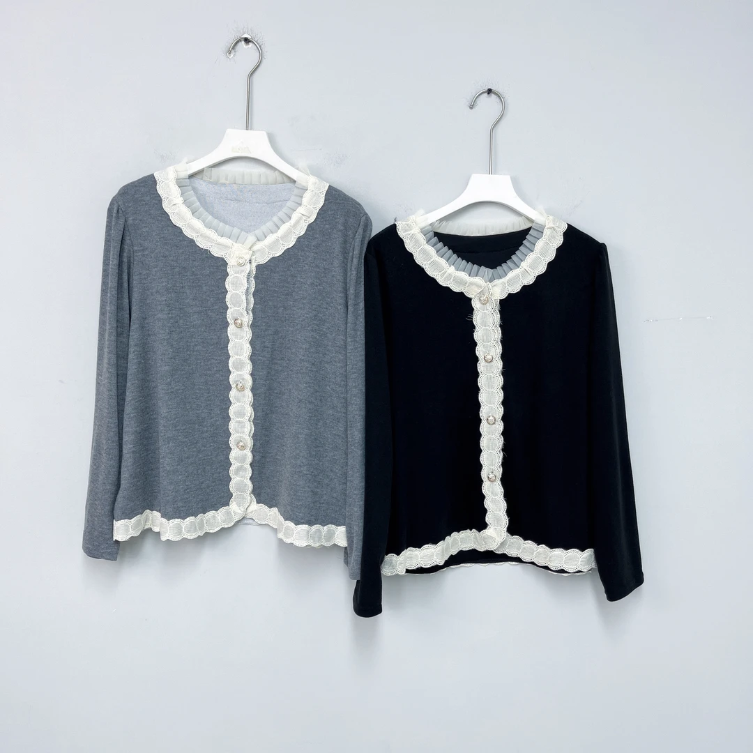 017女装毛针织衫蕾丝气质长袖时尚百搭拼接打底衫