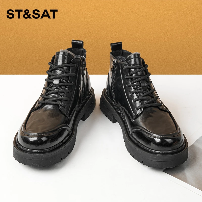 星期六秋冬男士马丁靴25新款真皮高帮工装靴厚底黑色机车保暖皮靴