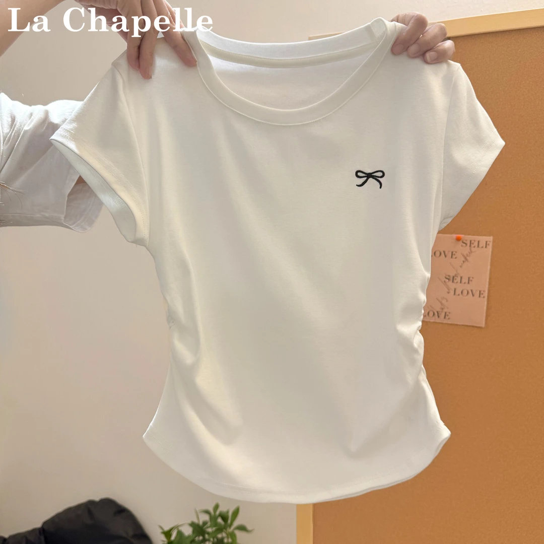 拉夏贝尔白色正肩短袖T恤女夏季新款设计感褶皱收腰蝴蝶结上衣ins