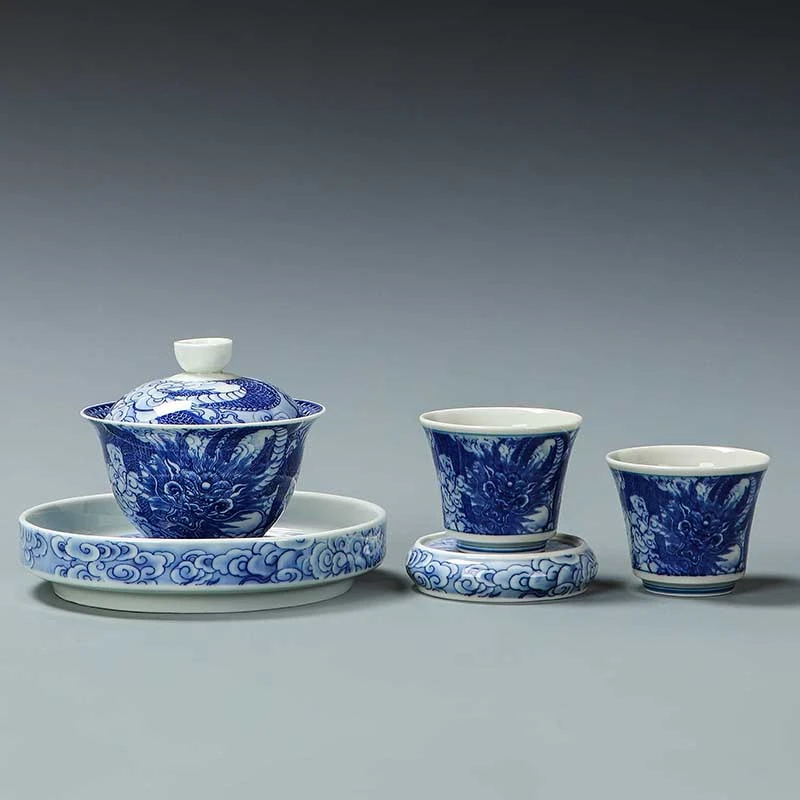 景德镇青花瓷手绘三才盖碗龙腾盛世家用功夫茶具办公室泡茶器logo