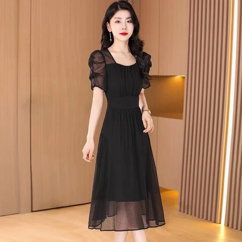 L039显瘦时尚长裙纱料连衣裙夏季连衣裙名媛长袖收腰轻熟风轻奢