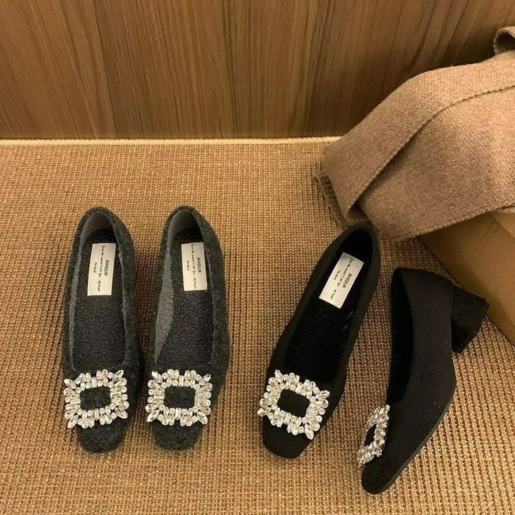 法式水钻玛丽珍单鞋女2025秋季新款方头气质加绒高跟鞋通勤毛毛鞋