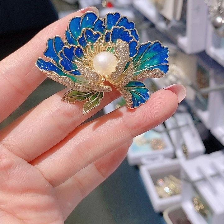 锆石铜合金牡丹花胸针 蓝色