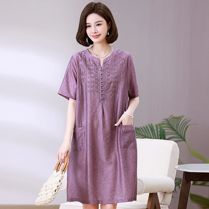 基础款夏季夏季刺绣收腰棉连衣裙显瘦宽松连衣裙洋气大码气质时尚