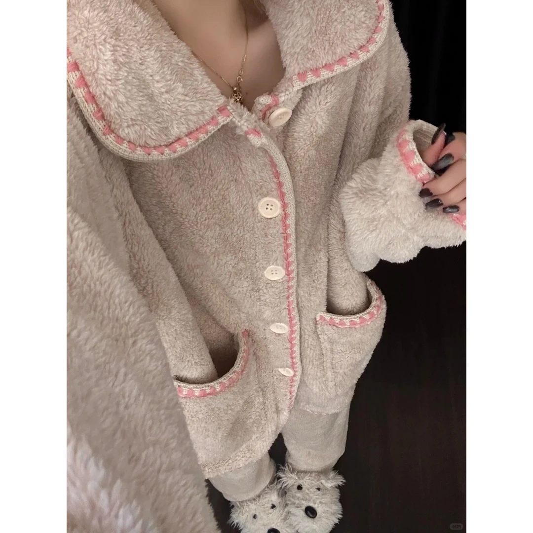 【DMXJ大梦想家】简约风珊瑚绒保暖睡衣女秋冬新款加绒家居服两件套