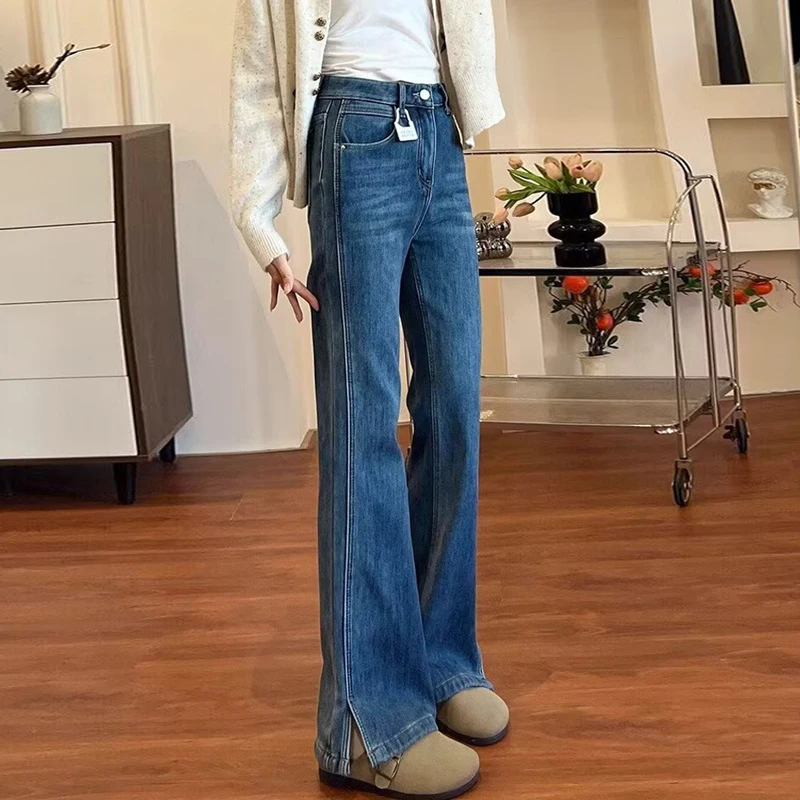 大码胖mm不喇叭裤女微喇阔腿春秋开叉腿弹力蓝色直筒贴牛仔裤新款