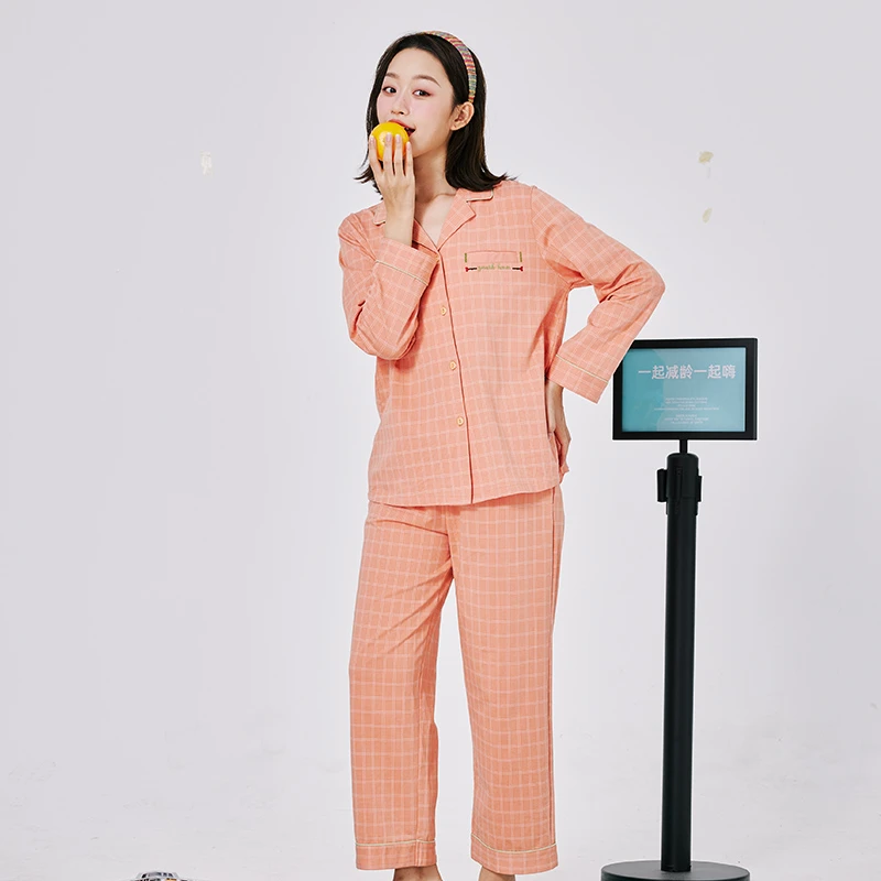 韩蜜蜜春秋季长袖睡衣女两件套情侣小清新格子款减龄休闲条纹套装