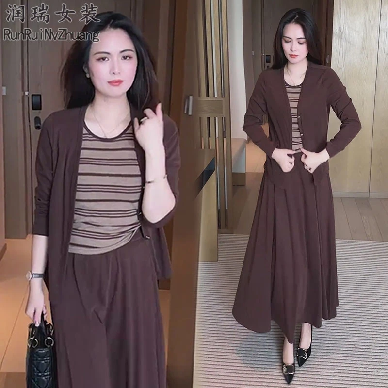 老钱风时尚套装女2025秋季新款条纹背心长袖开衫半身裙气质三件套