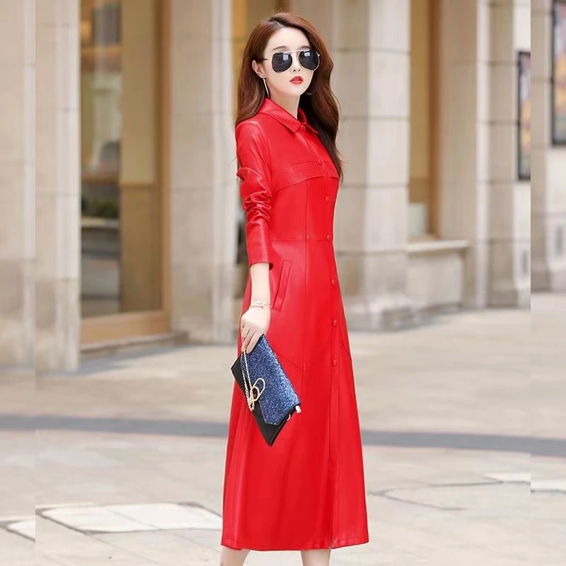 A068皮衣长款女过膝修身显瘦春秋新款皮风衣外套