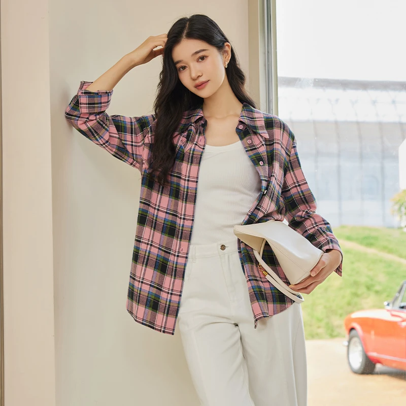 EMOO/杨门格子做旧衬衫韩版时尚外套外穿上衣女装格纹E14H013102