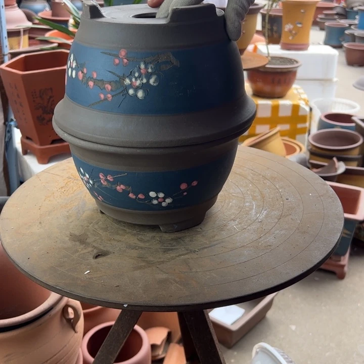 紫砂蓝富贵点彩中一对 口径24×12