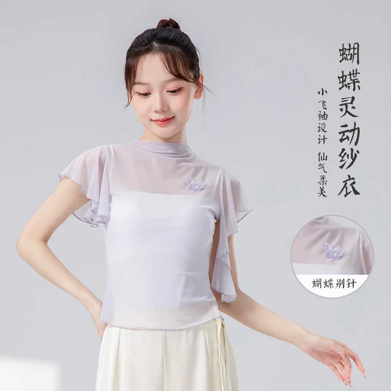 古典舞蹈服女夏季新款小飞袖网纱成人古典舞飘逸练功服形体服上衣