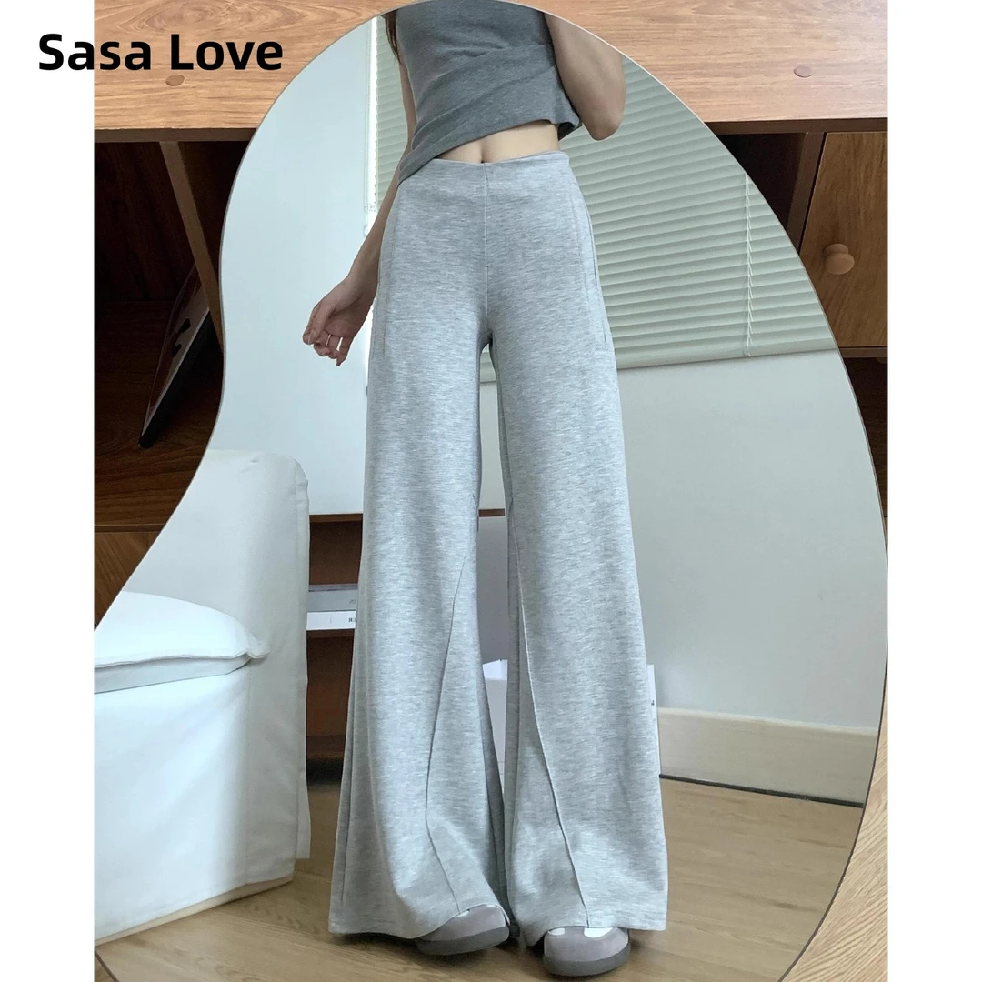 美式灰色运动微喇裤女秋季新款高腰显瘦宽松卫裤西装腰阔腿喇叭裤