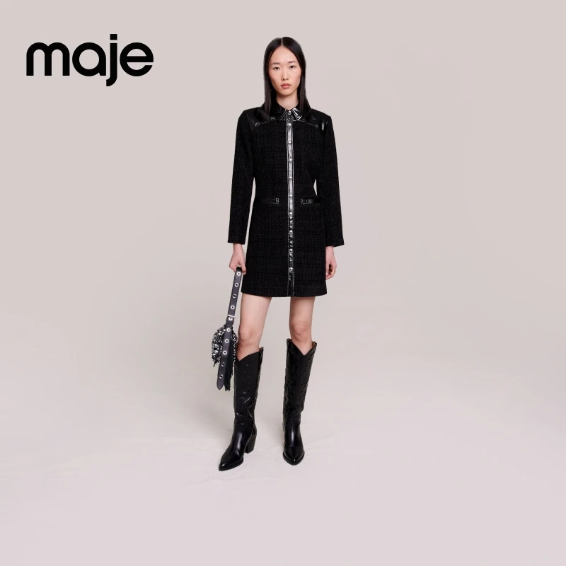 暖系穿搭|Maje秋冬女高级感时尚拼接黑色长袖连衣裙MFPRO03229