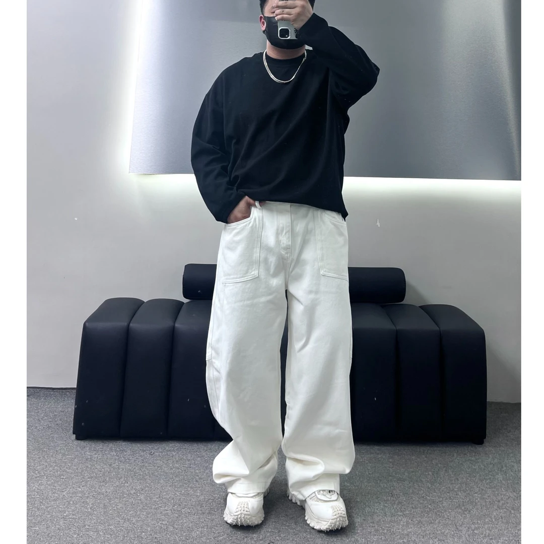 秋季重水洗白色牛仔裤一百棉重磅阔版微弹力松紧腰阔腿裤