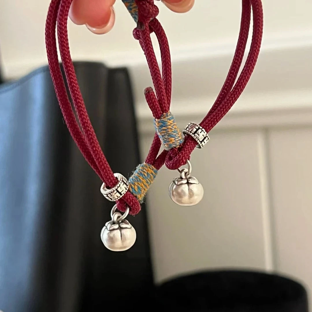 足银手链 足银手链 时尚百搭足银999柿子红绳手链气质