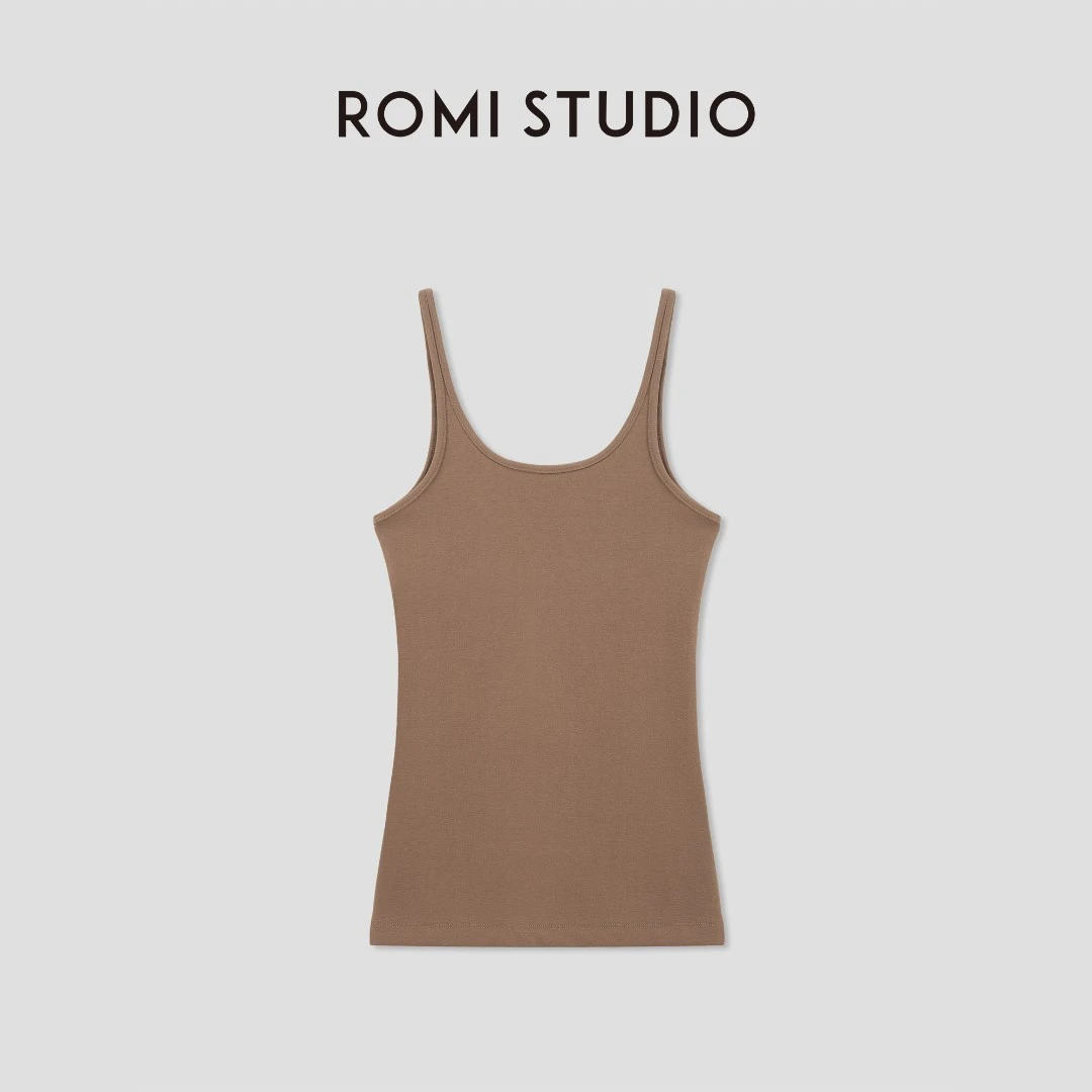 ROMI STUDIO “法式浪漫“ 高支棉修身U领细肩带无Bra背心 24SST619