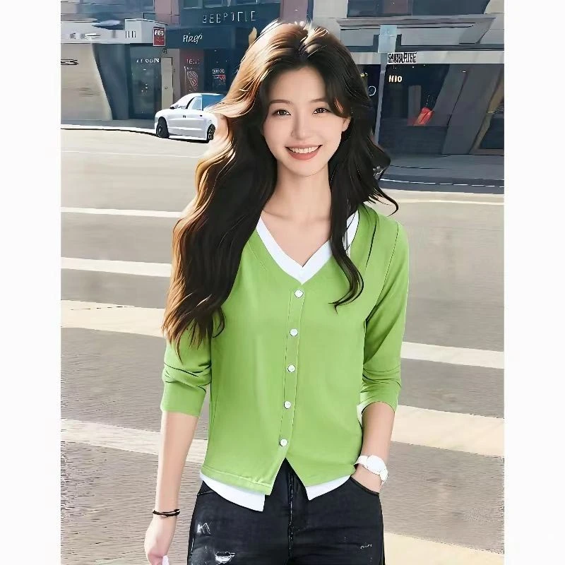 香朵儿撞色拼接假两件上衣女2025春秋新款洋气休闲装小众设计体恤