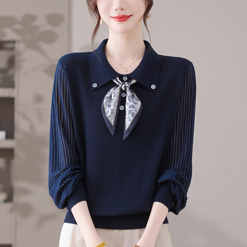 围巾领上衣女秋装2025新款大码针织衫显瘦遮肉宽松洋气春秋打底衫