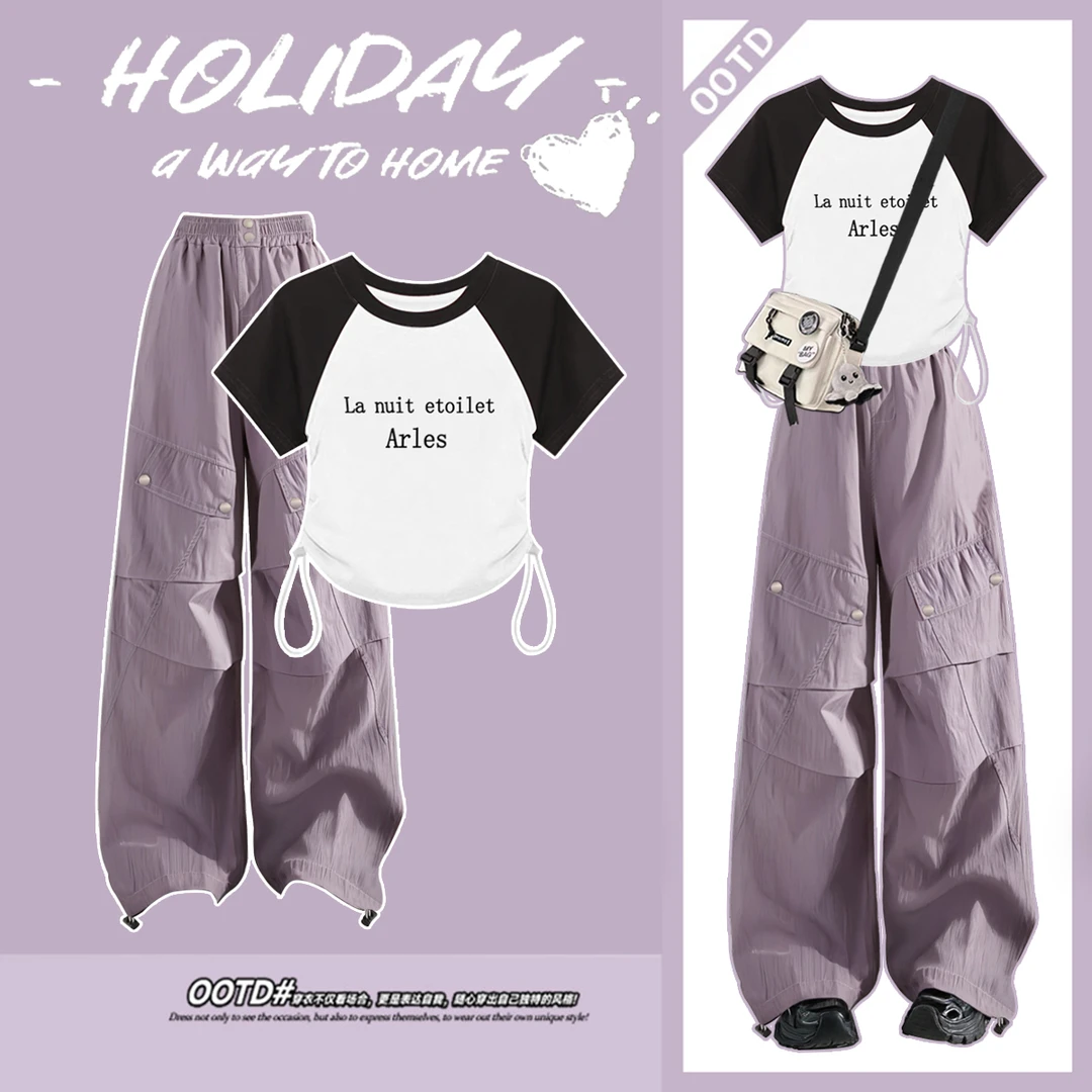 中大童12-18岁女孩套装夏季洋气中学生拼色T恤宽松潮牌休闲两件套