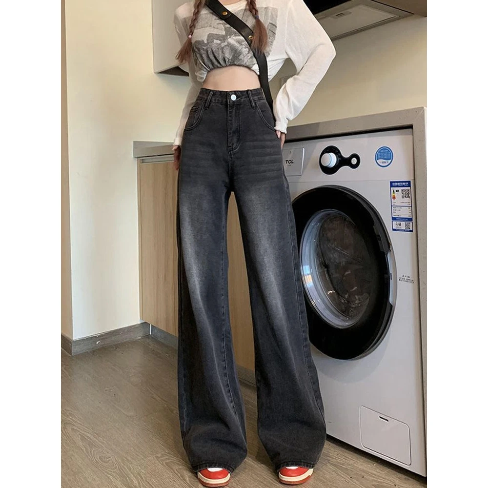 【48小时发货】黑灰色高腰阔腿牛仔裤女秋季2025新款复古宽松垂感拖