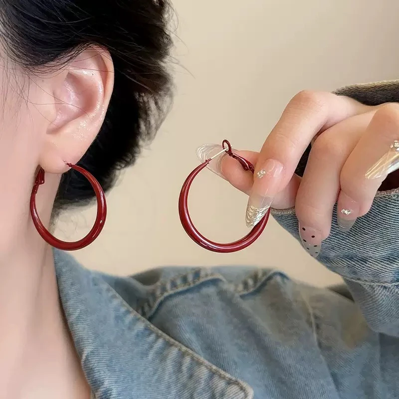 安可拉红色圆圈耳环方圆脸天菜耳环大圈圈百搭气质新款耳饰