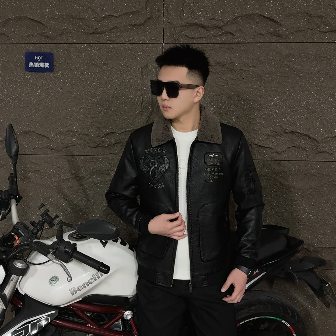 加男士黑色冬季加棉加厚皮夹克重工刺绣修身时尚百搭翻领1997男款