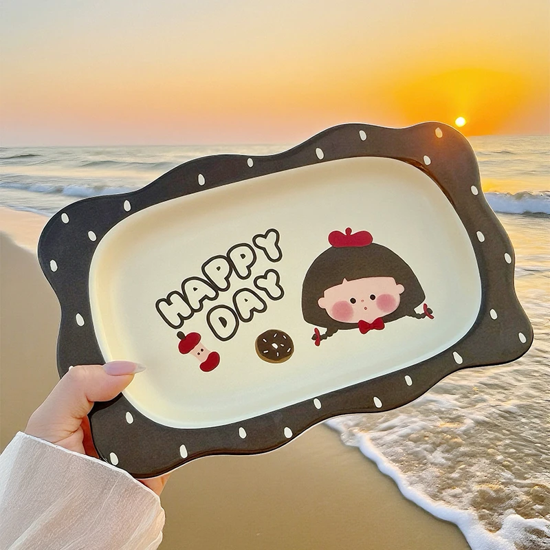 【直播】卡通创意陶瓷盘子家用精致好看的早餐盘水果盘高颜值花边盘